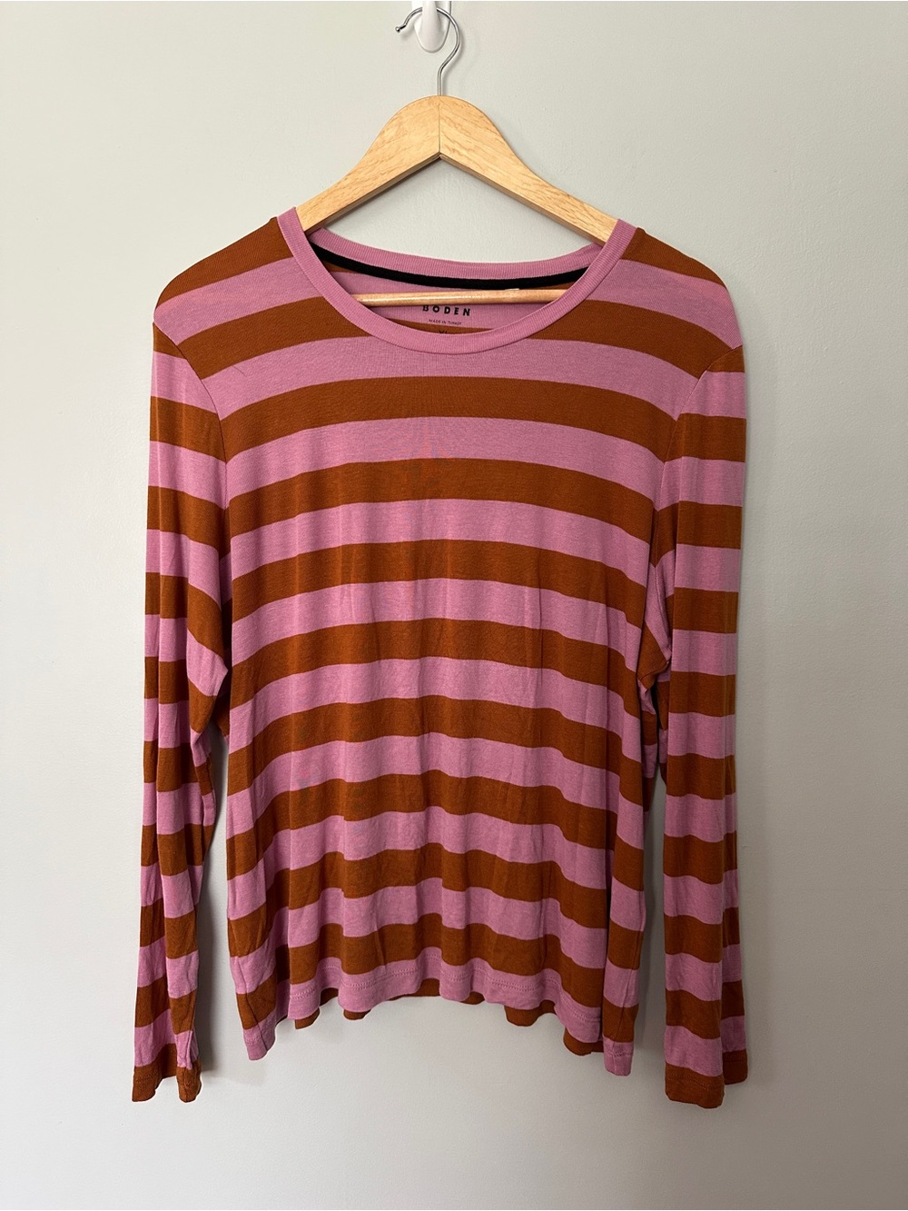 Boden Camel and Pink Striped Long Sleeve Shirt Womens size XL